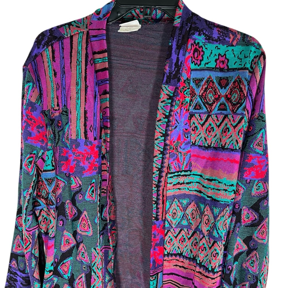 Graff Geometric Multicolor Woven Open Cardigan Vintage Size 14